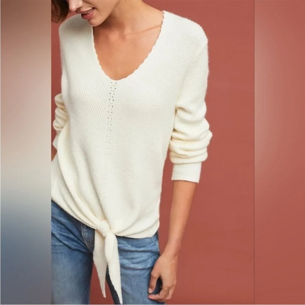 Moth for Anthropologie Freeport ribbed tie sweater in cream size small - Picture 2 of 9